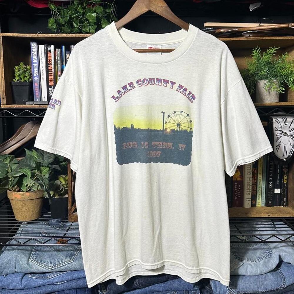 Vintage 90s 1997 Lake Country Fair Tee Mens Large White Sunset Graphic Shirt